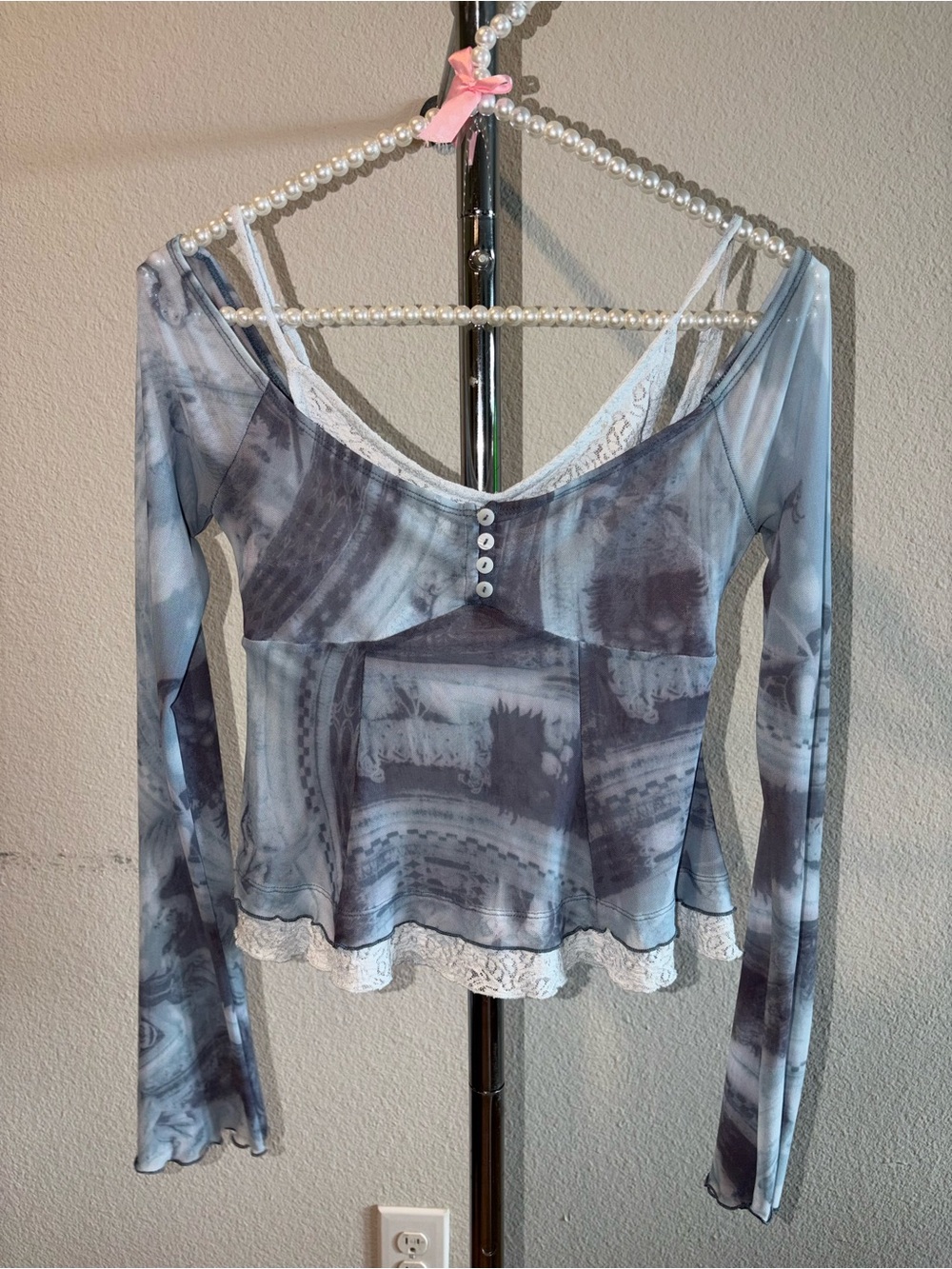 Silence + Noise Mesh Long Sleeve Button-Down Lace Trim Crop Top